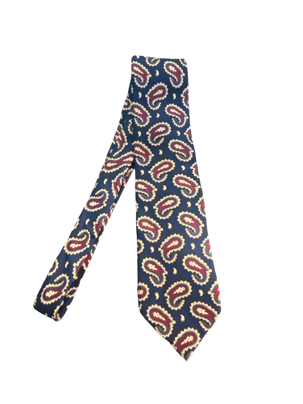 Lands’ End Vintage Silk Paisley Tie Navy Blue Red Hand Sewn USA